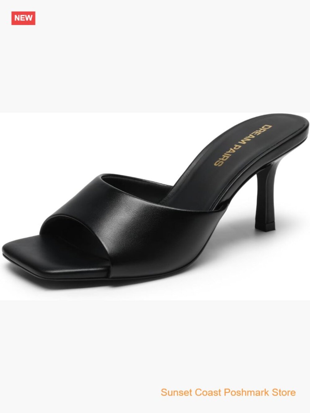 2.89 Low Kitten Heel Square Toe Slide Sandals Faux Leather Slip On Heeled Mules
